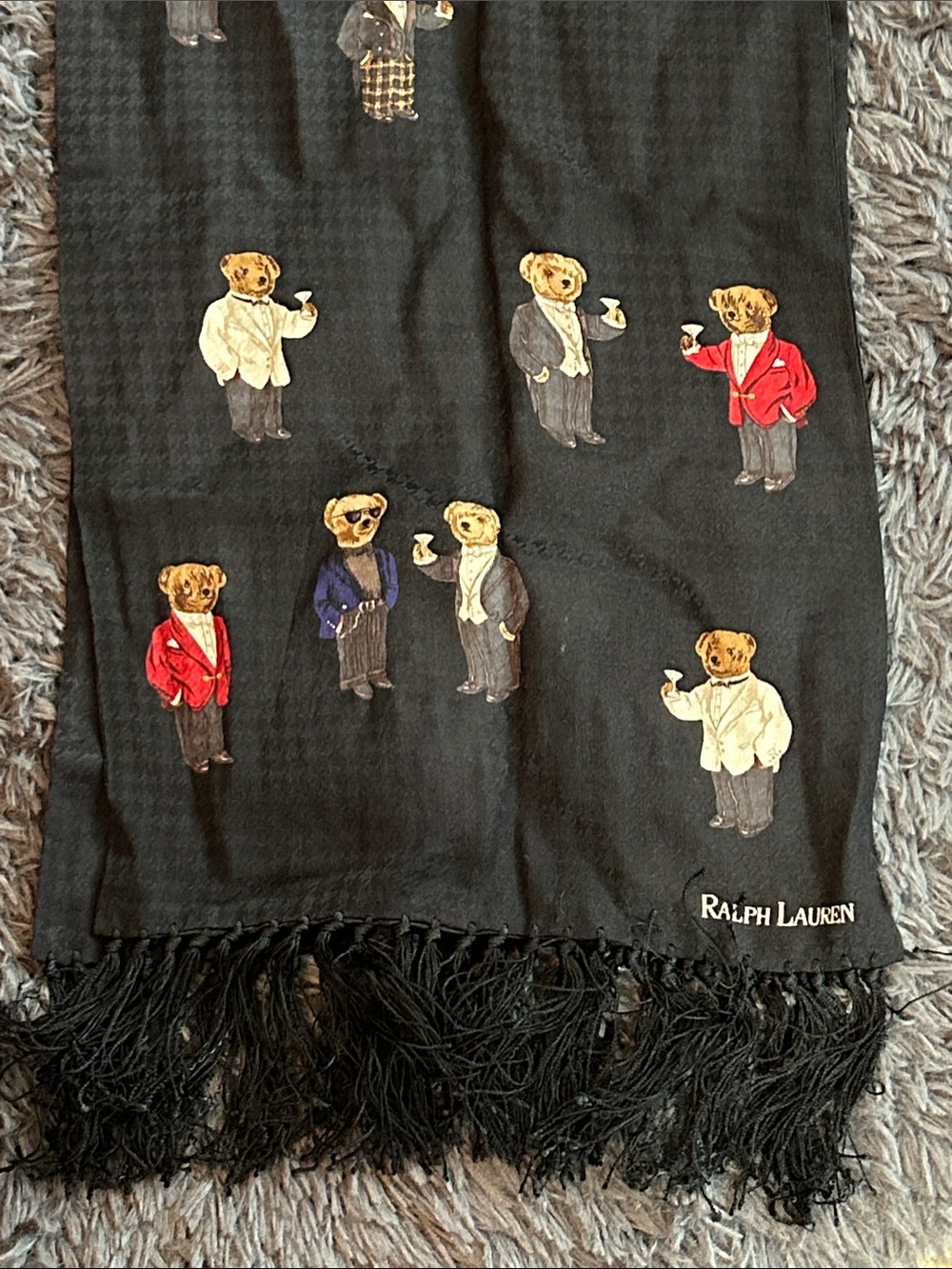 Ralph Lauren Black Scarf with Polo Bear Martini Glass Motif